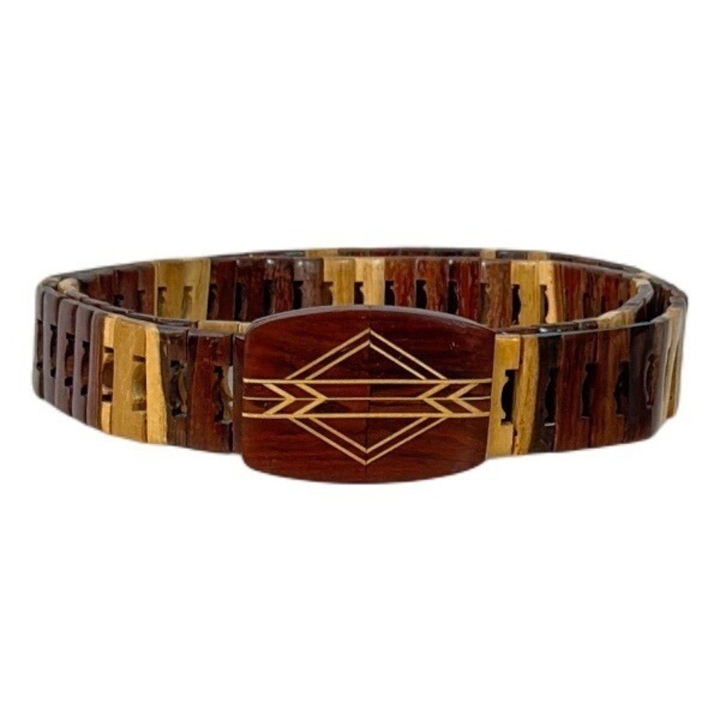 Unique Vintage Handmade Wood Link Belt 40" – Carved Inlay Buckle, Boho Artisan